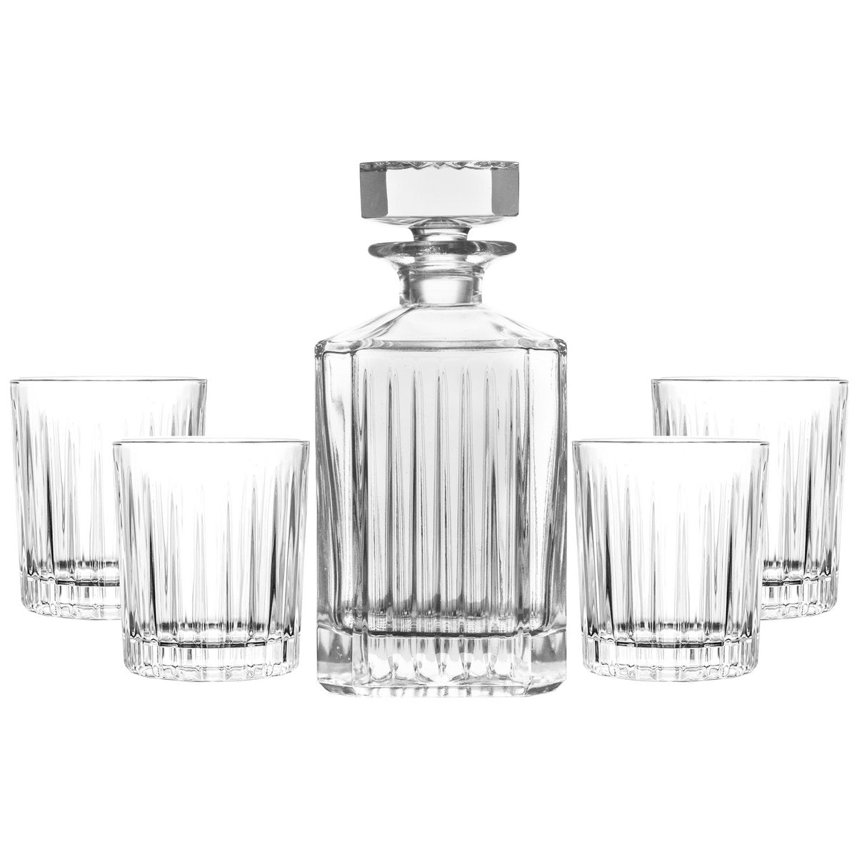 Clear glass decanter set with four tumblers on a white background